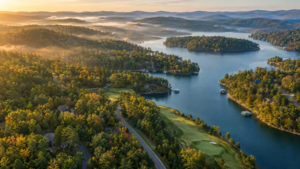 Vista aérea de Cherokee Village, una comunidad con lagos, campo de golf y bosque en el norte de Arkansas